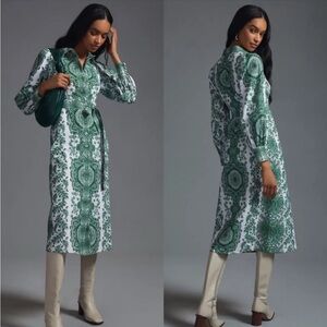 Anthropologie x Kachel Printed Green Motif Maxi Midi Shirt Dress Linen Sleeves